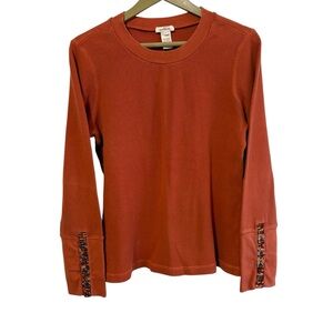 Sundance Size XL Orange Waffle Knit Velvet Button Cuff Thermal Top Boho Hippie